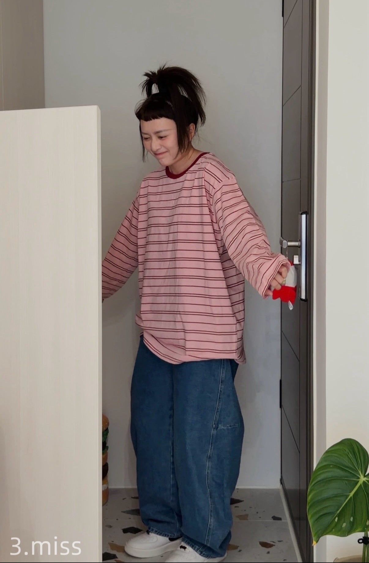 圓領拼色條紋長T