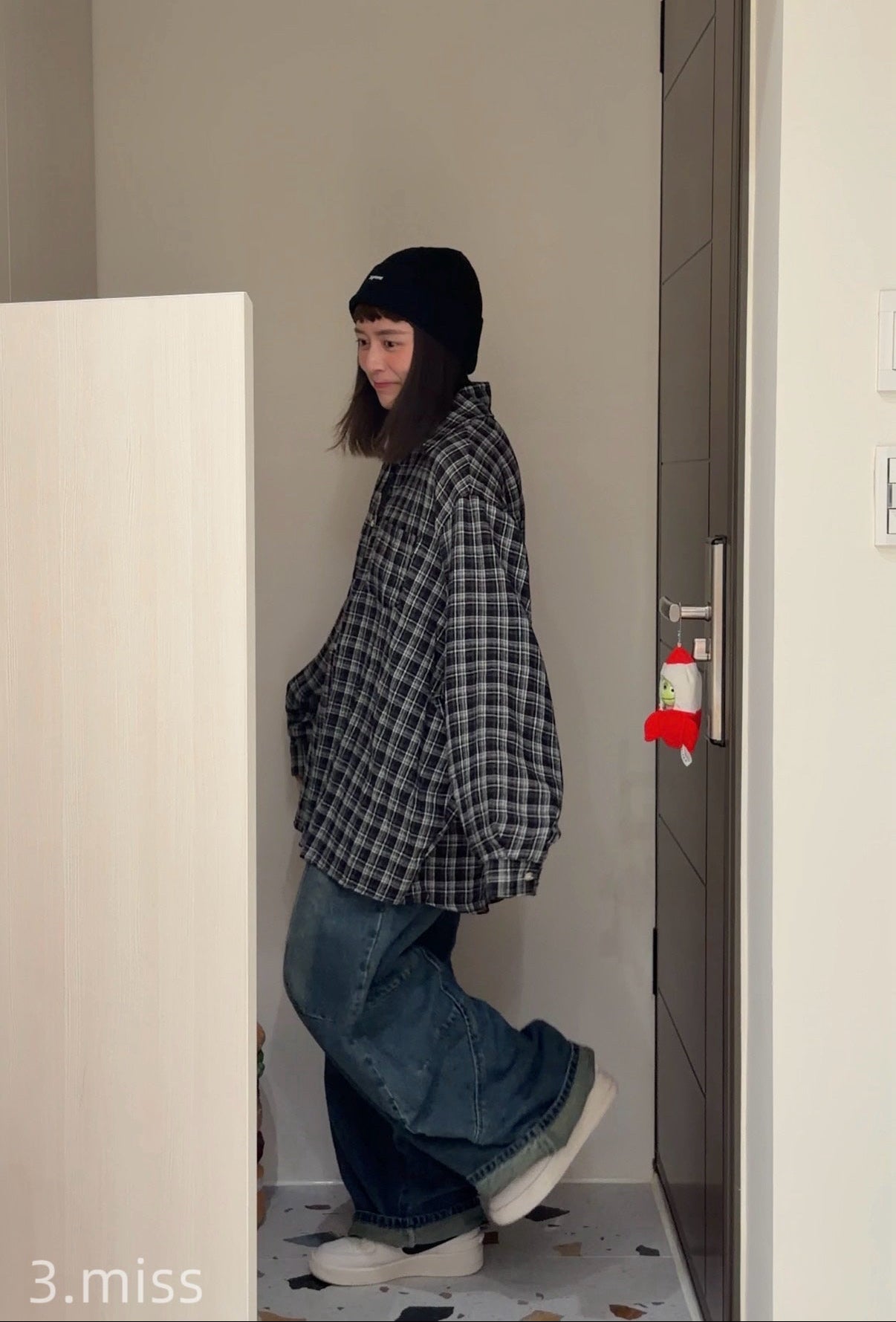 磨毛格紋襯衫｜黑