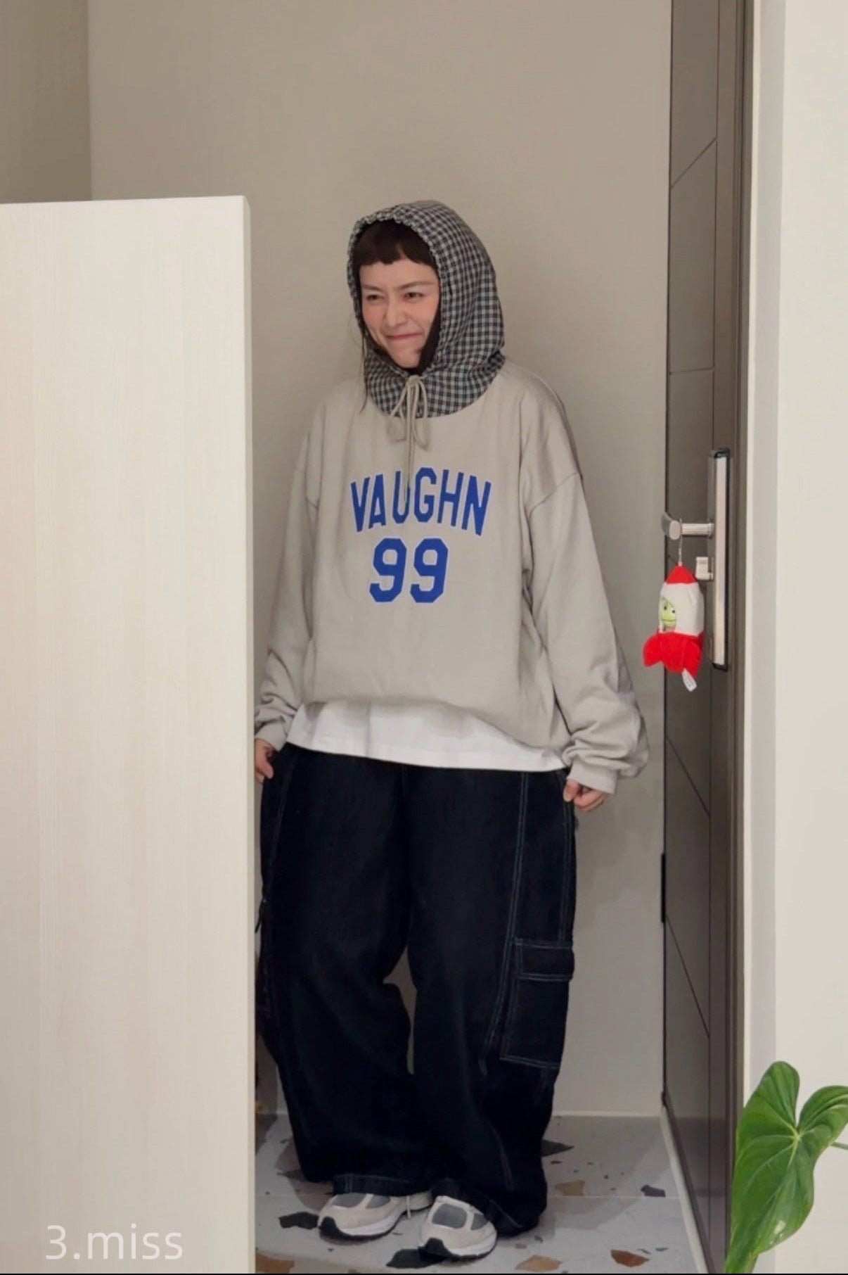 正韓格紋拼接帽T