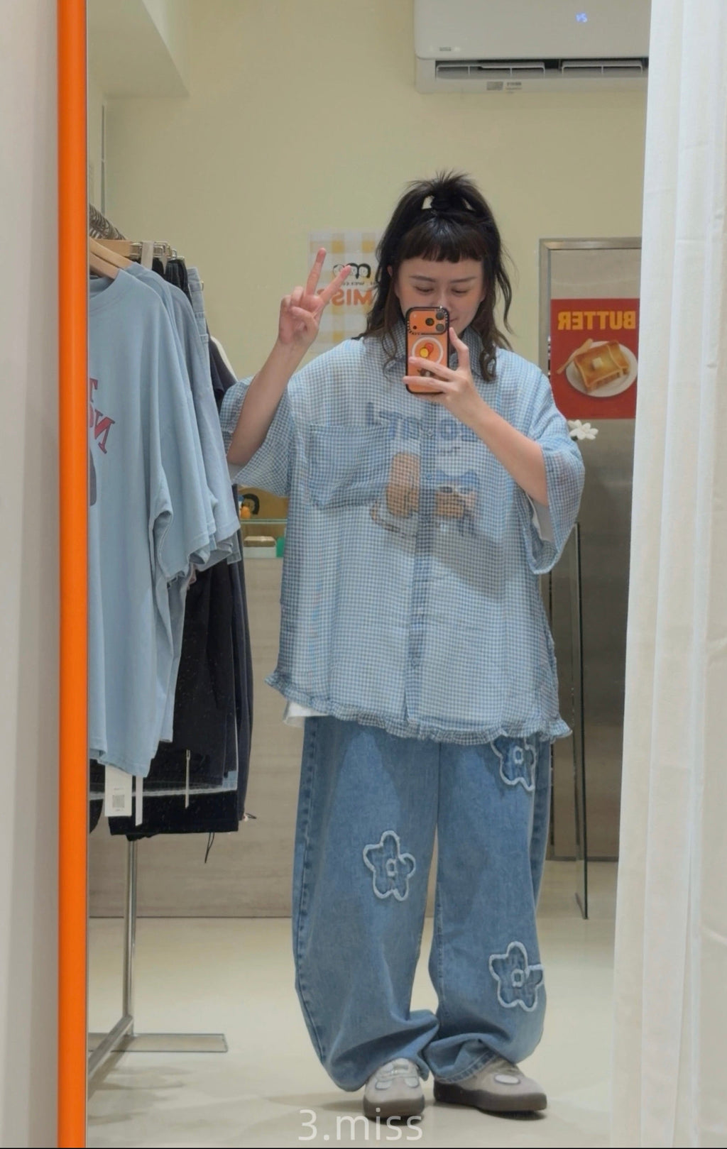 透膚花邊格紋襯衫