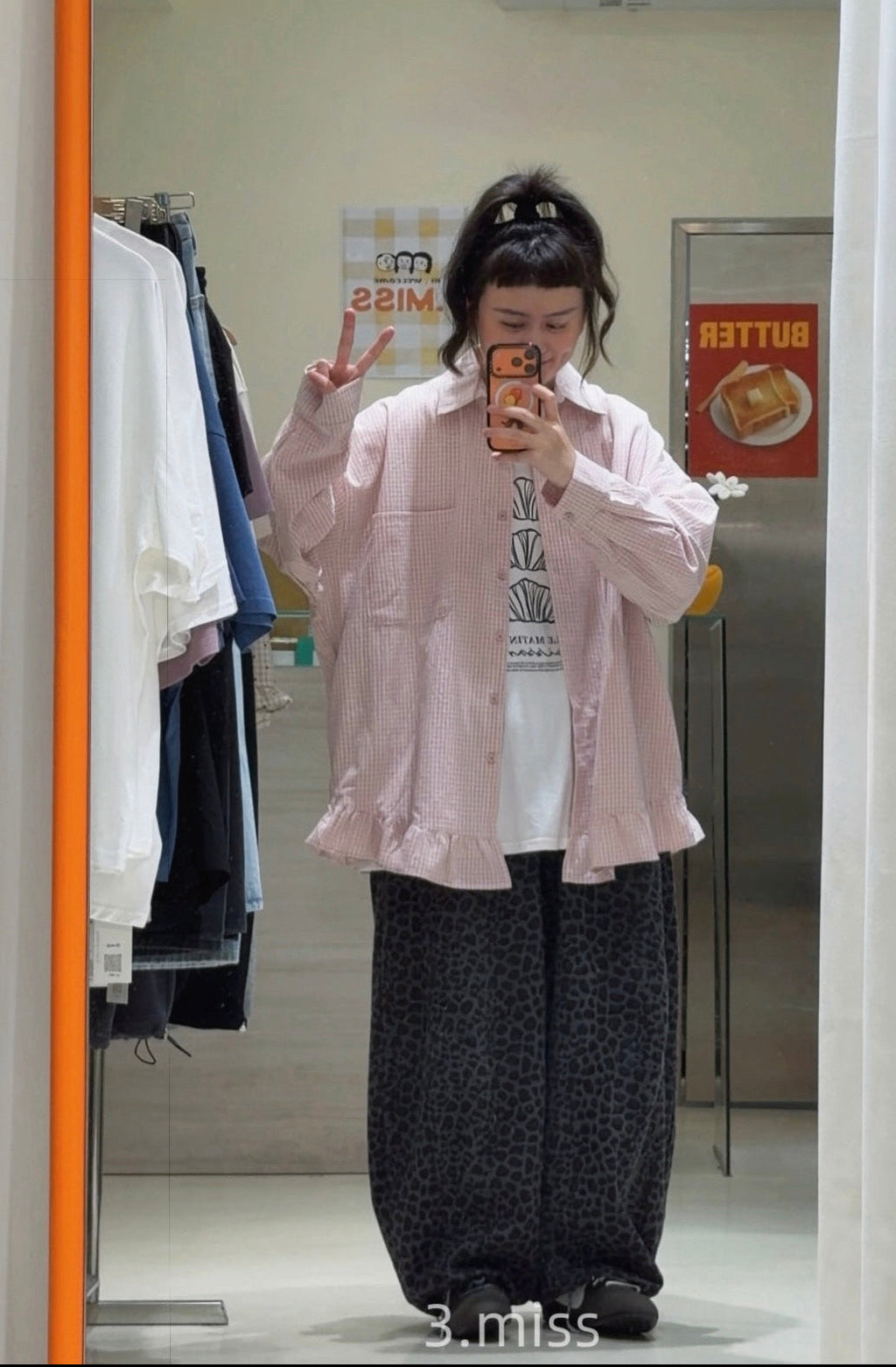 長袖格紋花邊襯衫